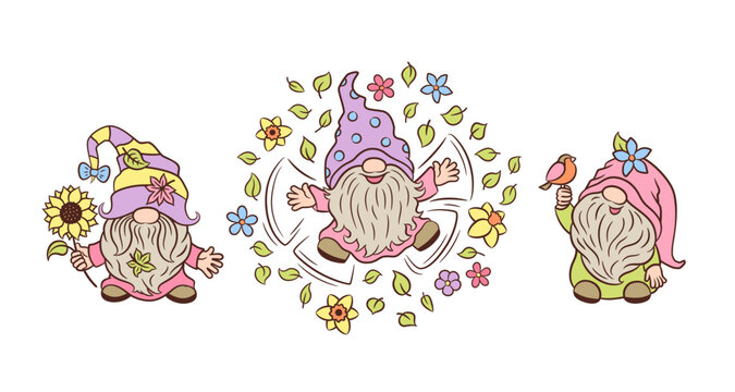 Cute spring gnomes soft pastel colors Easter vector illustrations. Springtime fun happy cheerful garden gnomes. Nowdic dwarf Tomte with flowers, bird, sunflower cartoon doodle characters.