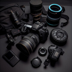 Work space photographer with laptop, digital camera, memory card, action camera, drone, remote controller, phone and camera accessory. Top view on black table background. Concept of mockup template.