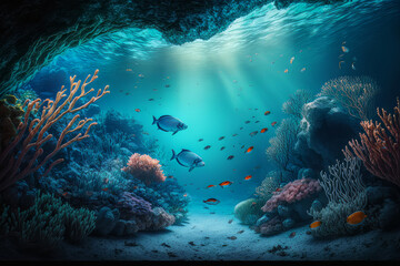 Fototapeta na wymiar Fabulous underwater sea background. Illustration AI Generative