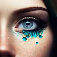 Closeup of womans blue eyes with makeup. Generative AI, AI