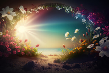 Obraz na płótnie Canvas Summer floral bright background for text. Illustration AI Generative