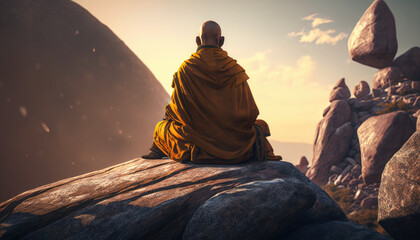 Buddhist monk meditating on a rock created with generative AI technology - obrazy, fototapety, plakaty