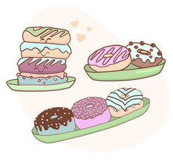 NATIONAL DONUT DAY.glazed sweet donut. Draw funny american kawaii traditional sweet donut vector illustration. American traditional food, cooking, menu concept. Doodle in cartoon style