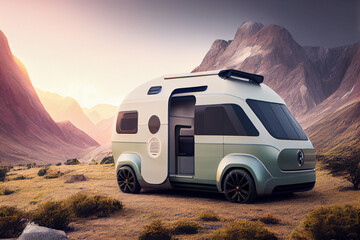 Futuristic electric camper van parked in mountains. Adventure concept. Generative AI