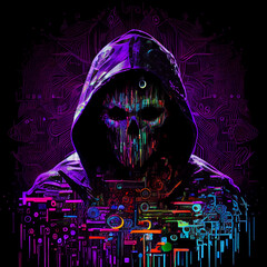 Skeleton hacker using the Internet. Anonymous person from darknet. AI generative.