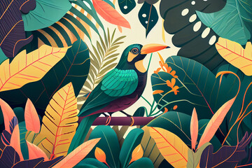 Exotic and tropical leaves with colorful bird background. Flat lay. Generative Ai