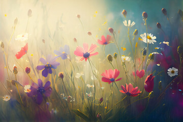 Colorful fresh flowers on summer wild meadow. Generative AI