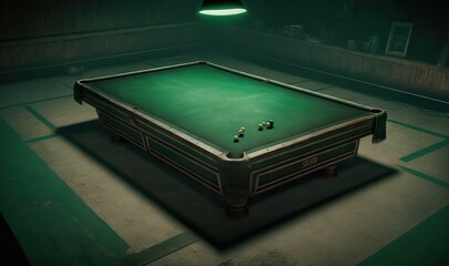  a pool table in a dark room with a light on.  generative ai