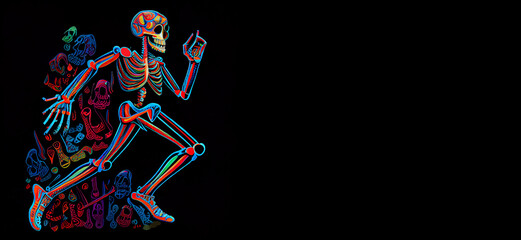 Happy colorful skeleton doing exercises against black background. AI generative.