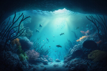 Fabulous underwater ocean background. Illustration AI Generative