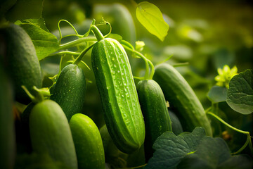 Fresh ripe cucumbers in the farm fields. Organic food produce. Generative Ai