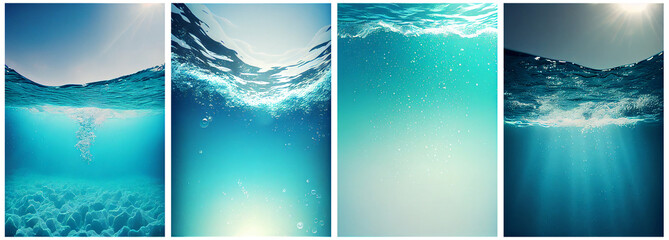 Blue underwater backgrounds with sunlight. AI generative.