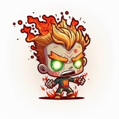 cartoon superhero zombie monster character illustration isolated on white background, caricature comic style art, deformed on fire person flat design, generative ai