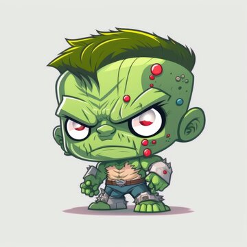 cartoon superhero zombie monster character illustration isolated on white background, caricature comic style art, deformed green and purple flat design, generative ai
