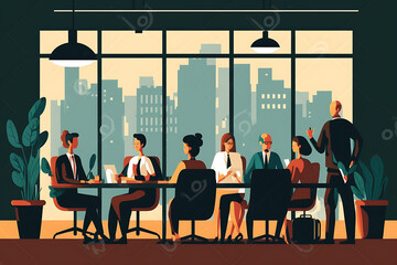 Flat vector illustration Meeting, smiling and facing businesswoman, executive or CEO with colleagues in office conference room. Happy leadership and senior corporate managers with colleagues at...  