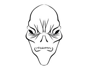 vector illustration cartoon silhouette design of an oval or oval shaped monster head with bald head and visible lips and mouth stitched with black eyes