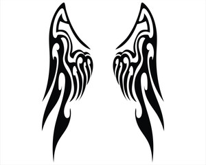 black tattoo silhouette illustration vector design consisting of two uniquely shaped angel wings with lots of carvings or symbols on each of these wings that form a beautiful pattern