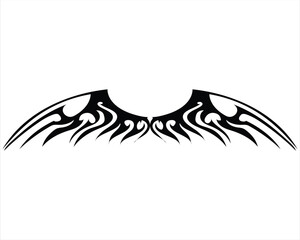 Black and white tattoo silhouette vector design of a pair of bat wings in a unique shape with many sharp and semicircular carved symbols forming a beautiful pattern