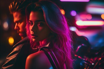 A girl in love and a guy are sitting on a motorcycle flirting, hugging. Night, neon light. Passionate relationship, where the couple is in control of their own journey and living life to the fullest