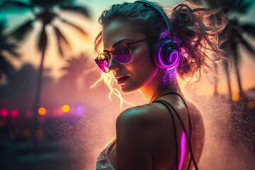 Attractive girl clubbing at the hot summer dance party. Headphones. Colorful sunglasses. Blue sky. Palm trees on background. Vacation nightlife. - obrazy, fototapety, plakaty
