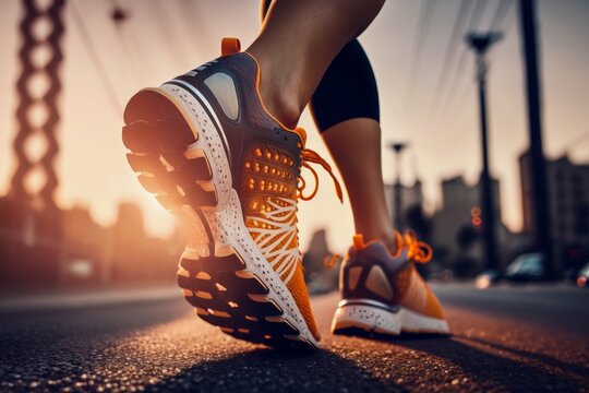 Girl runner makes a morning run in a city street. Sneaker shoes, feet close-up. Jogging, running, wellness, fitness, health concept. Blurred background, Sunset sunrise light	
