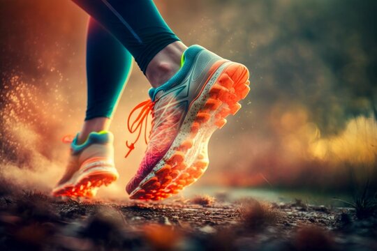 Girl runner makes a morning run in a summer park. Close up on sneaker shoes. Running, jogging in the nature. Healthy lifestyle fitness concept. Sunset, sunrise light