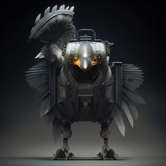 robot cyborg chicken, full metal body mech bird hen, islolated background, generative ai