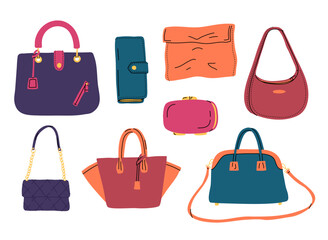Cartoon Color Different Female Bags Set Concept Flat Design Style. Vector illustration of Handbag or Clutch Bag