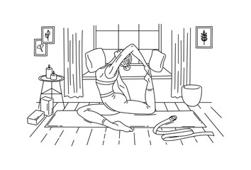 Character Young Woman Doing Yoga Scene Black Thin Line Fitness Activity Concept. Vector illustration of Sport Exercise