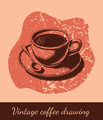 Coffee vector vintage illustration of coffee on a red background. Retro poster for cafe, restaurant, bar, pub. Vector elements.
