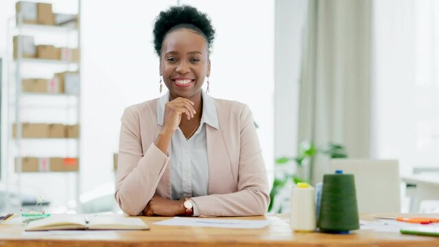 Face of African woman in office startup for logistics, happy stock management and commerce leadership. Laughing black person, employee or fashion designer in supply chain industry for small business