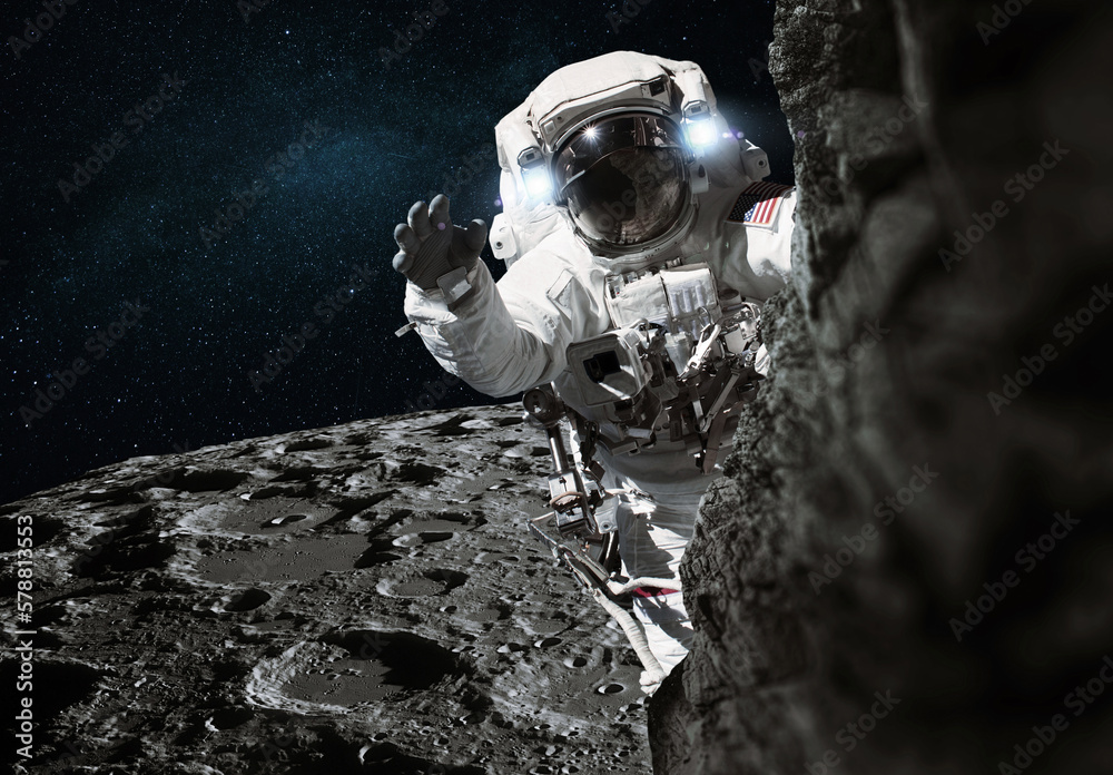 Poster space man in a suit travels on the moon and climbs uphill. cosmic mission and moon exploration. astr