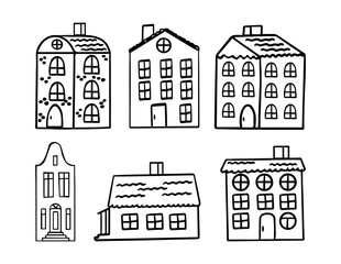 Fototapeta premium Set of doodle cute houses. Suitable for print, postcard, sketchbook cover, poster, stickers, your design. Black outlines