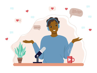Black Man recording podcast. Podcast concept in flat style. Podcaster talking with the audience