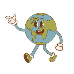 Earth Day. Cartoon cute earth planet character in retro style. Environmental eco concept