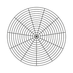 Wheel of life template. Polar grid of 13 segments and 11 concentric circles. Blank polar graph paper. Circle diagram of life style balance. Simple coaching tool for visualizing all areas of life.