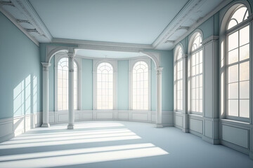 large empty room with opal walls and large windows