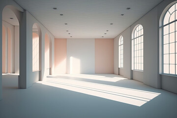 large empty room with opal walls and large windows