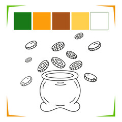 Pot of money Coloring Page. Coin Vector Educational worksheet colored by sample. Paint game.