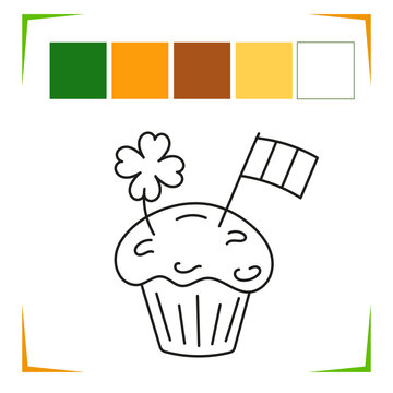 Cupcake for saint patrick Coloring Page. Vector Educational worksheet colored by sample. Paint game.