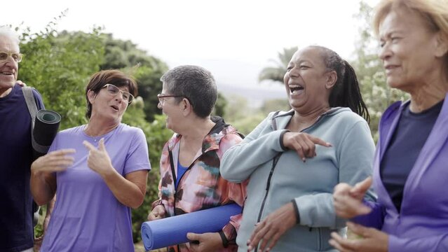 Happy sport group of senior people having fun exercising outdoors at park city - Multiracial elderly community concept