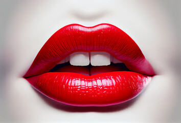 Women lips with red lipstick on a white background. The girl’s mouth is attractive. AI Generated