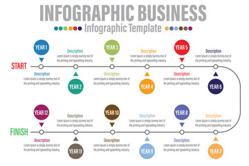Naklejka premium 12 Steps modern Timeline diagram calendar with Yearly workflow and circles , presentation vector infographic. Infographic template for business.