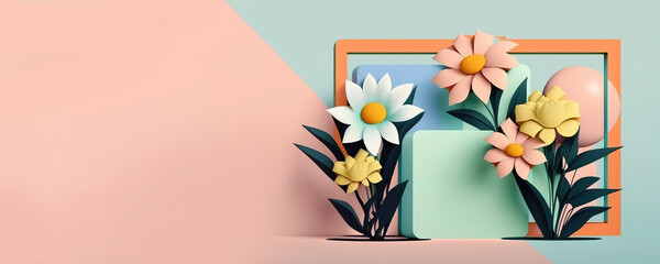 colorful flowers on a frame, spring concept, pastel colors on background