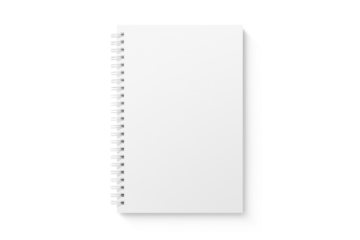 Spiral bound notebook mockup template with white paper cover isolated on a transparent background, PNG. High resolution.