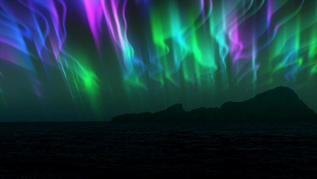 The abstract background of the multi -colored northern lights and mountains in the north, a bright iridescent realistic light light in the sky. Video 4K, 60 FPS