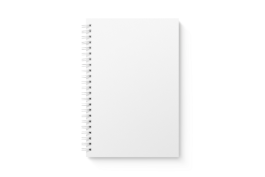 Spiral bound notebook mockup template with white paper cover isolated on a transparent background, PNG. High resolution.