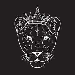 Head of lioness wearing crown, vector line art illustration - obrazy, fototapety, plakaty
