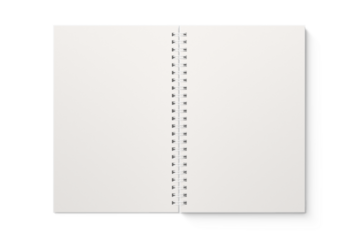 Spiral bound notebook mockup template with white paper cover isolated on a transparent background, PNG. High resolution.