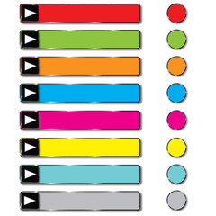 Set of stylish colorful web buttons with play arrows. Blank rectangular buttons, frames and round buttons in palette colors. Vector, jpg.